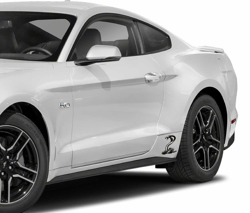 silver cobra decal on white ford mustang